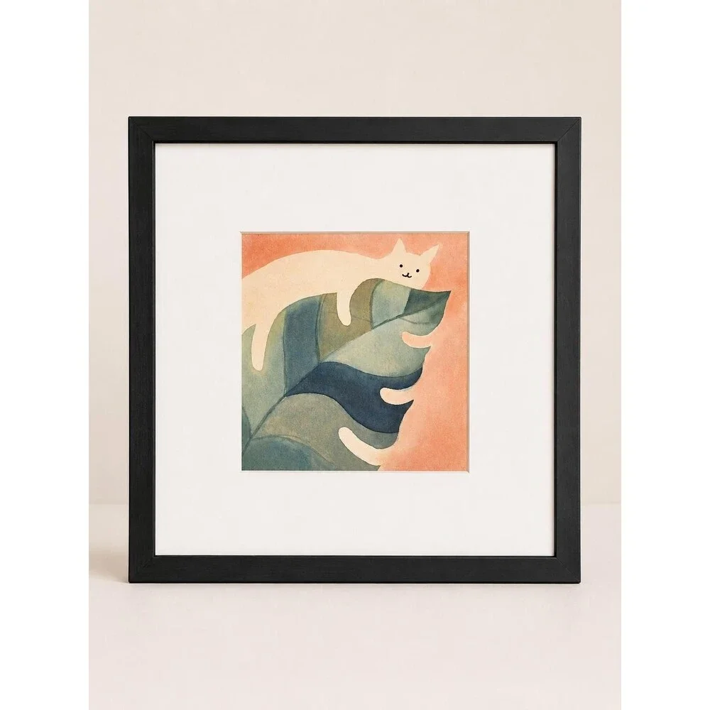 Lazy Cat Tropical Leaf Batik Wall Art, Handmade Cat Art Decor, Cat Lover Gift